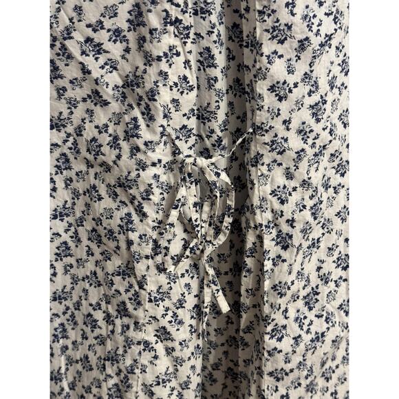 Floral Tunic Blouse Womens Medium White Blue 100% Cotton Tie Waist Boho Top - Picture 4 of 7
